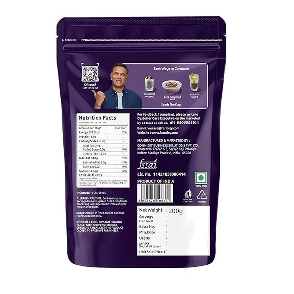 Farmley Chia Seeds 200g I Seeds for Eating | Seeds for Weight Management | Rich in Calcium, Protein & Fibre (Pack of 1) - 200g