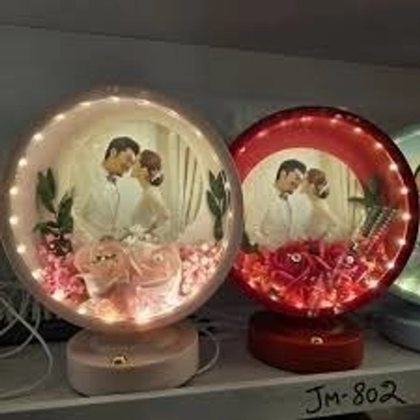 Round Photo Frame with Elegant Lights and Roses | Heart Shape | Couple Design | Dashboard Frame | Gift Personalized | Tabletop | Multipurpose | Wedding Gift (White) - 24L x 18W Centimeters, White