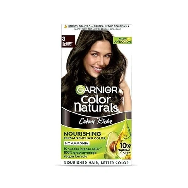 Garnier Color Naturals Crème hair color, Shade 3 Darkest Brown, 70ml + 60g