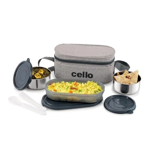 CELLO Bite Buddy Lunch Box with Jacket | 3 Plastic Containers with Steel Inner | Microwave Safe & Leak Proof Containers | Full Meal and Easy to Carry | Grey - Grey