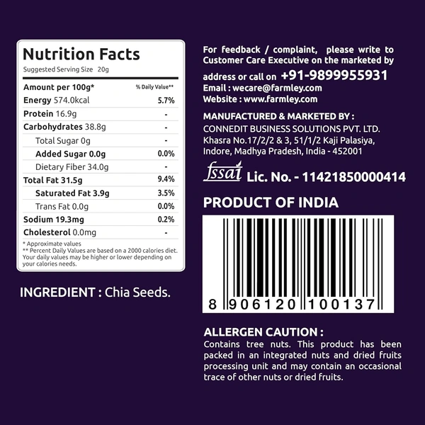 Farmley Chia Seeds 200g I Seeds for Eating | Seeds for Weight Management | Rich in Calcium, Protein & Fibre (Pack of 1) - 200g