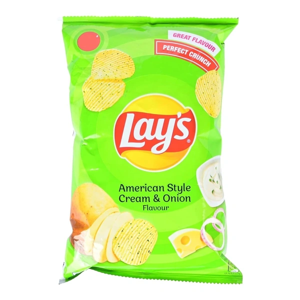 Lays Potato Chips American Style Cream & Onion Flavour, 79.7g/73.7g(67g+6.7g)(Weight May Vary) - 73.7g