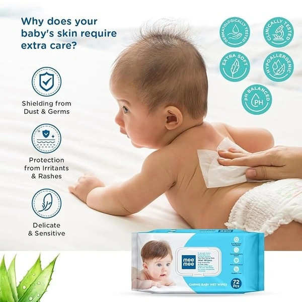 Mee Mee Caring Baby Wet Wipes with lid, 72 Pcs (Aloe Vera) 8907233278317