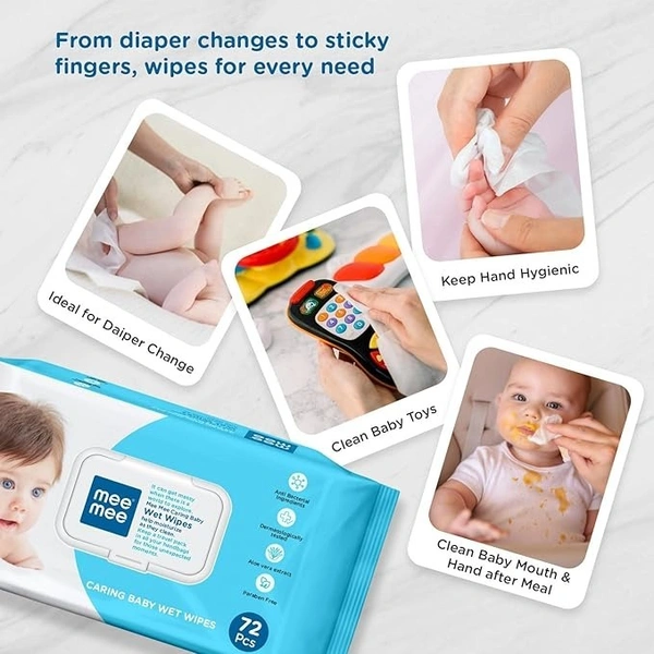 Mee Mee Caring Baby Wet Wipes with lid, 72 Pcs (Aloe Vera) 8907233278317