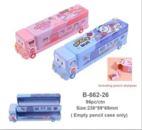 Space School Bus Shaped Pencil Box for Kids with Wheels and Sharpener Metal - Blue