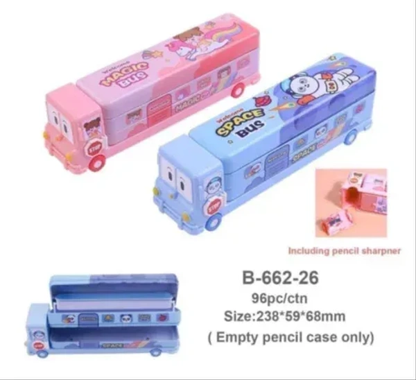 Space School Bus Shaped Pencil Box for Kids with Wheels and Sharpener Metal - Blue