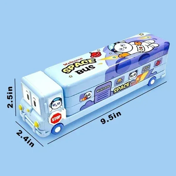 Space School Bus Shaped Pencil Box for Kids with Wheels and Sharpener Metal - Blue