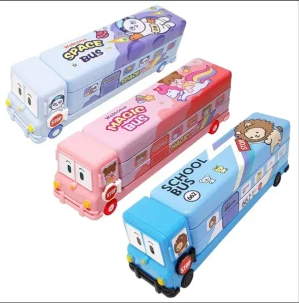 Space School Bus Shaped Pencil Box for Kids with Wheels and Sharpener Metal - Blue
