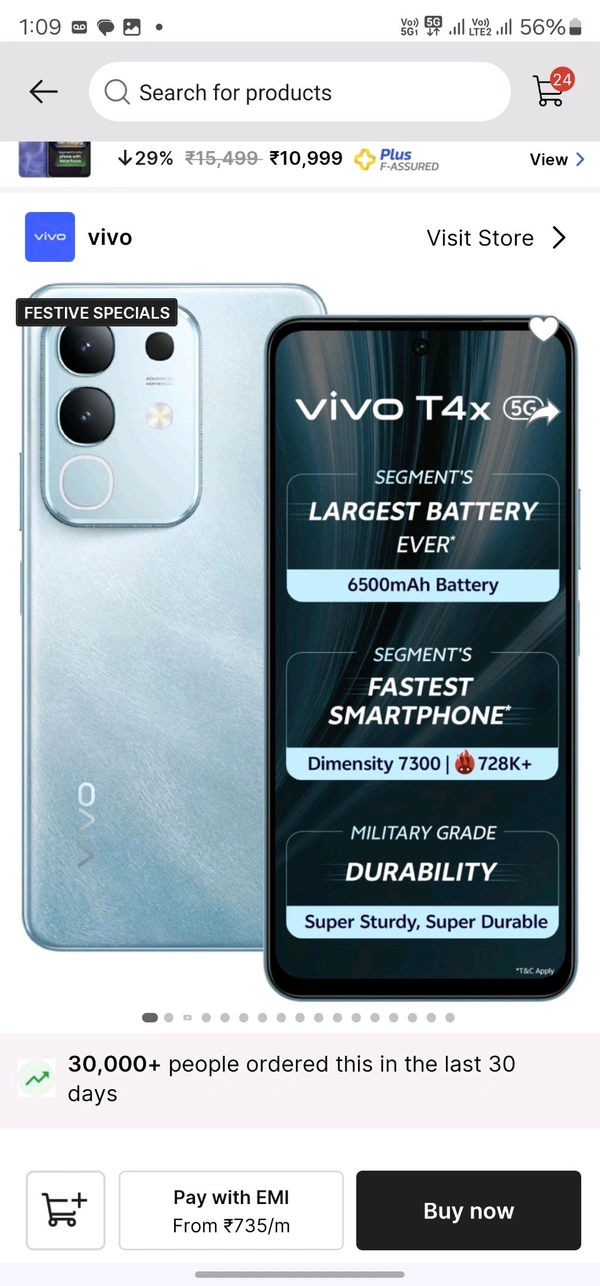 Vivo T4x 
8GB + 128GB
Marine Blue
Pronto Purple