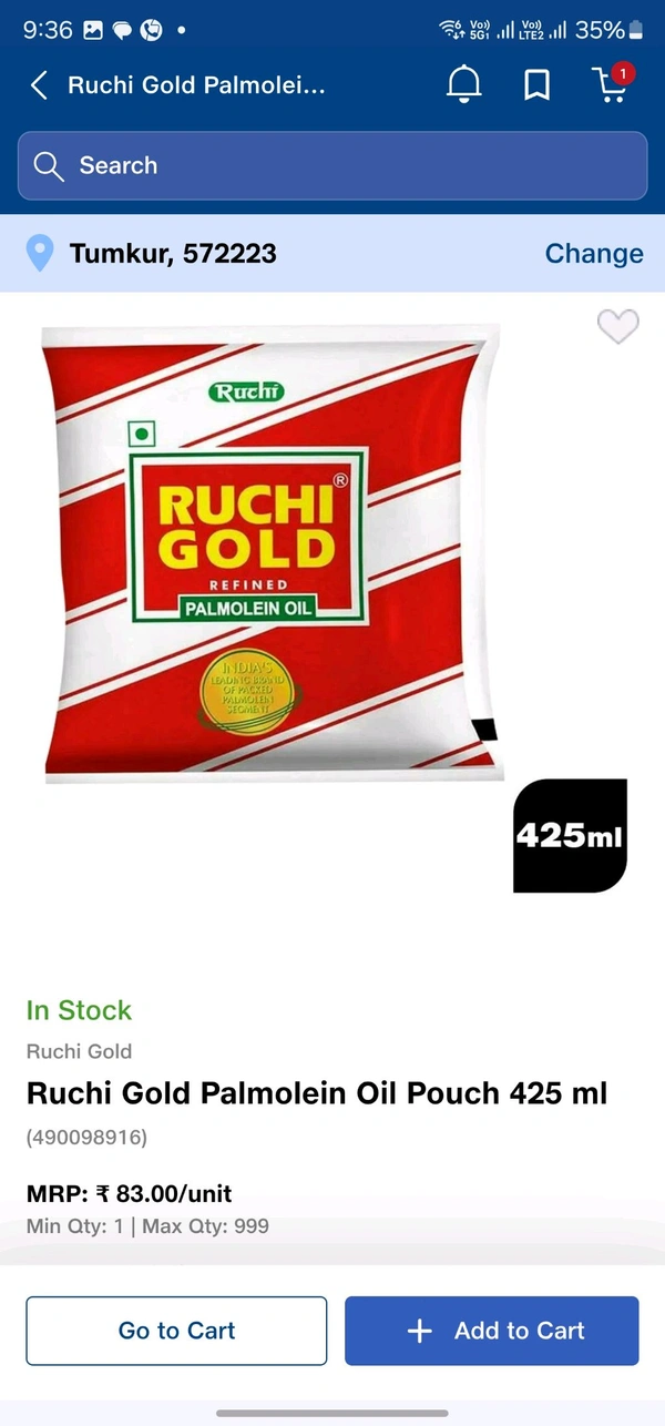 Ruchi Gold Palmolein Oil Pouch 425 ml