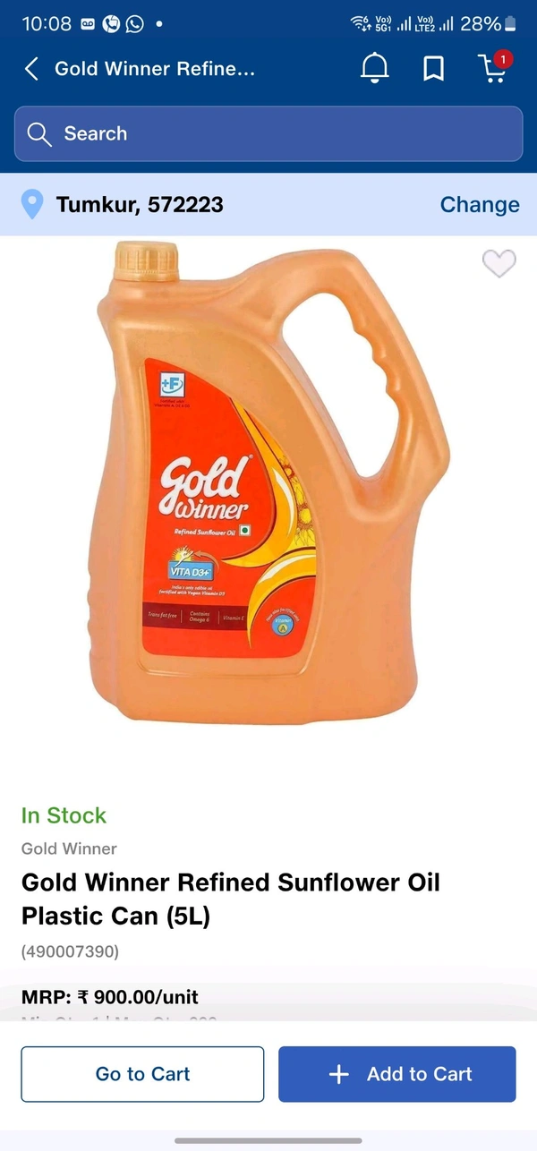 Gold Winner Refined Sunflower Oil Plastic Can (5L)