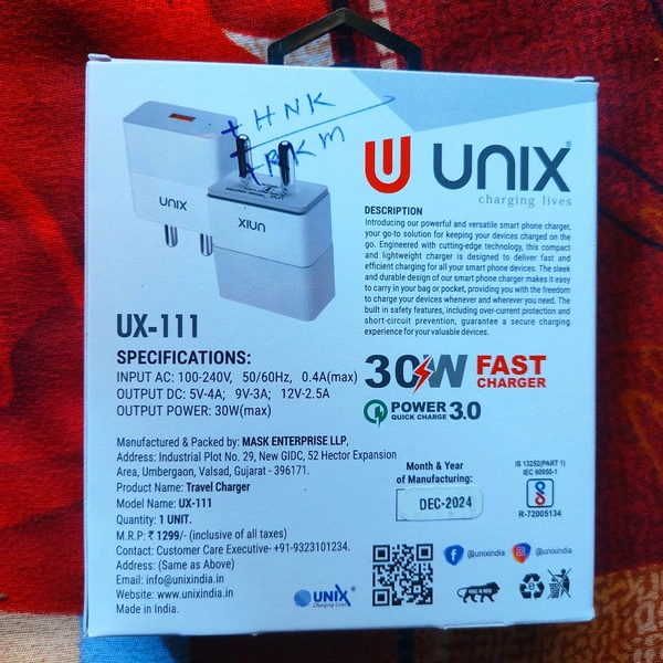 Unix Charging Lives Type B/UX-111/30W/Fast Charger All In One/Power 3.0 Quick Charger  - White