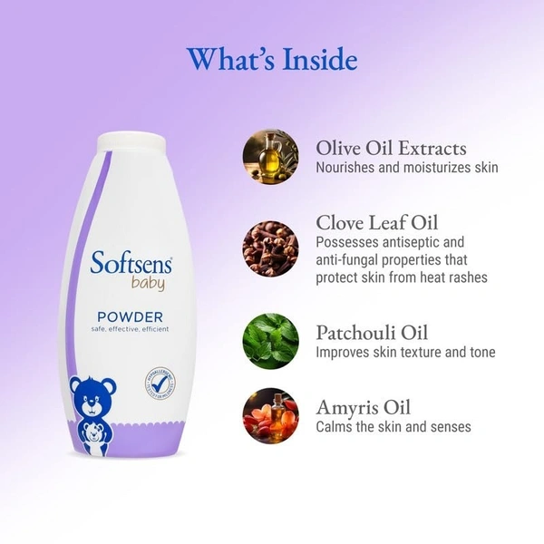 Softsens Baby Powder |Enriched with Patchouli, Clove leaf & Olive|Paraben free (200g - 200g, White