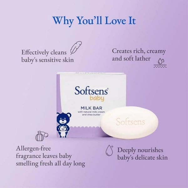 Softsens Baby Moisturizing Milk Soap Bar Enriched with Natural Milk Cream & Shea Butter I Dermatologically Tested & Paraben Free for Baby Skin- Pack of 1 - 100, White