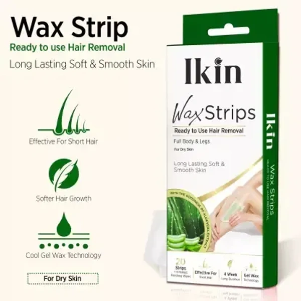 Cipla Health Ikin Instant Wax Strip with Aloe Vera For Dry Skin  8  Strips - 8 Strips, Alo Vera