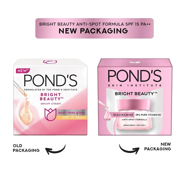 POND'S Pond's Bright Beauty Anti-Spot Serum Cream with Niacinamide and SPF 15 PA++, Fades Dark Spots and Reveals Bright Skin, 50g - 50g, Pink