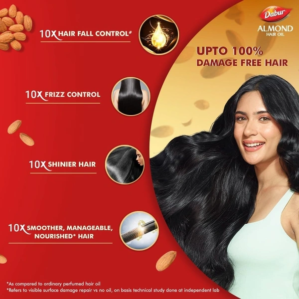 Dabur Almond Hair Oil - 500ml With Free Dabur Almond Oil 95ml | Provides Damage Protection | Non Sticky Formula | For Soft&Shiny Hair | With Almonds, Keratin Protein, Soya Protein & 10X Vitamin E - 500 + 100 ML