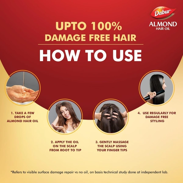 Dabur Almond Hair Oil - 500ml With Free Dabur Almond Oil 95ml | Provides Damage Protection | Non Sticky Formula | For Soft&Shiny Hair | With Almonds, Keratin Protein, Soya Protein & 10X Vitamin E - 500 + 100 ML