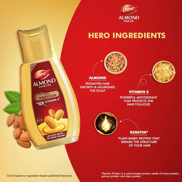 Dabur Almond Hair Oil - 500ml With Free Dabur Almond Oil 95ml | Provides Damage Protection | Non Sticky Formula | For Soft&Shiny Hair | With Almonds, Keratin Protein, Soya Protein & 10X Vitamin E - 500 + 100 ML