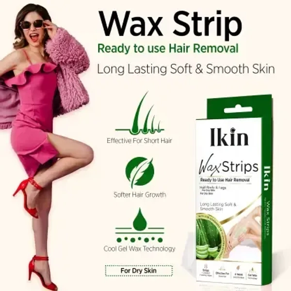 Cipla Health Ikin Instant Wax Strip with Aloe Vera For Dry Skin  8  Strips - 8 Strips, Alo Vera