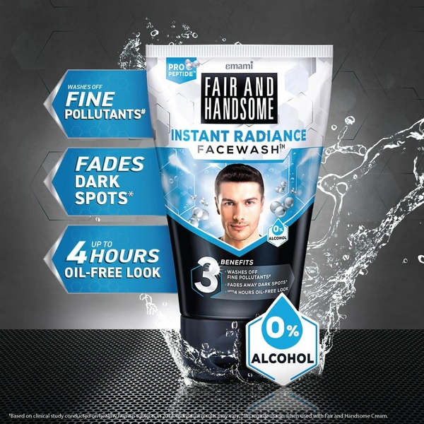 Emami Fair and Handsome Instant Radiance Face Wash | Pro-Peptide | Instant Radiance| Washes of Fine Pollutants | Cooling Freshness | - 100g, White