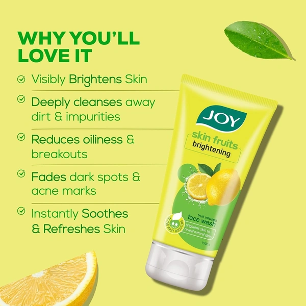 Joy Face wash Joy Skin Brightening Lemon Face Wash (150ml) With Vitamin C For Naturally Glowing Skin | Removes Excess Oil & Dirt | Suitable For All Skin Types - 150 g, yellow