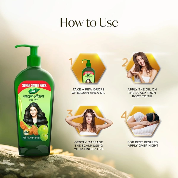 Dabur Badam Amla Hair Oil 500ml | For Thick and Soft Hair | Nourishes Scalp | Control Hair Fall, Strengthen Hair And Promotes Hair Growth Goodness of Amla and Almond | Rich in Vitamin E - 100, Green