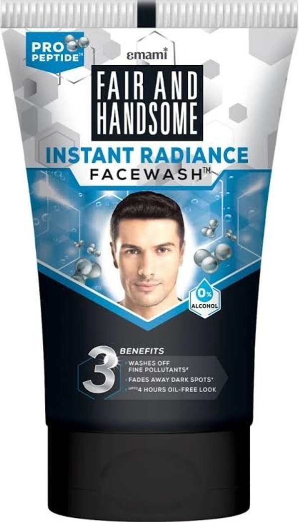 Emami Fair and Handsome Instant Radiance Face Wash | Pro-Peptide | Instant Radiance| Washes of Fine Pollutants | Cooling Freshness | - 100g, White