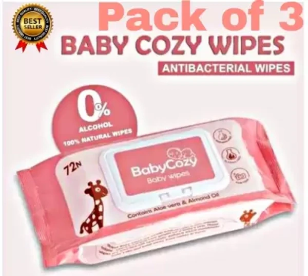 Baby Cozy Super Wipes (72N) Pack Of 3 for Kids Contains Aloe Vera and Almond Oil - 72 N, Pink