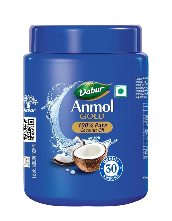 Bajaj Dabur Anmol Gold 100% Pure Coconut Oil - 600ml | Natural | Nariyal Tel | Sourced from Handpicked Sundried Coconuts | Multipurpose Oil - 600 ml, White