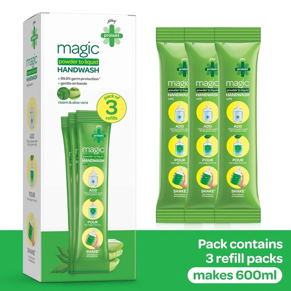 Godrej Protekt magic Powder-to-Liquid Handwash - 3 Refills | 27g (makes 200ml per refill) - 200 Per Ml, Forest Green