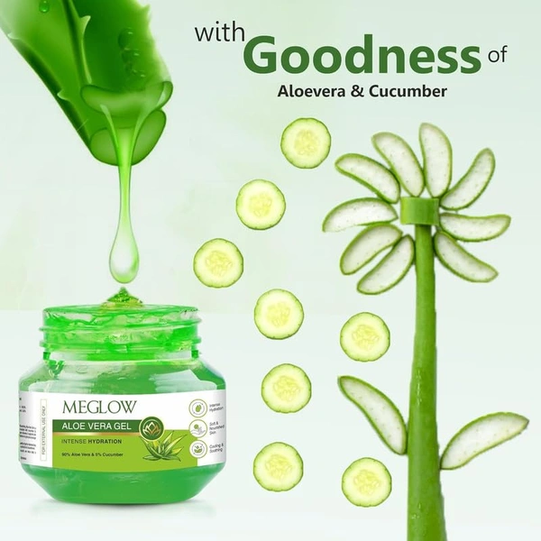 Meglow by Leeford | Aloe Vera Gel for Intense Hydration | Get Soft, Smooth & Nourished Skin | Pure Aloe Vera Gel with Cucumber Extracts | Naturally Hydrating & Skin Moisturizing Gel 100g - 100 g, Green