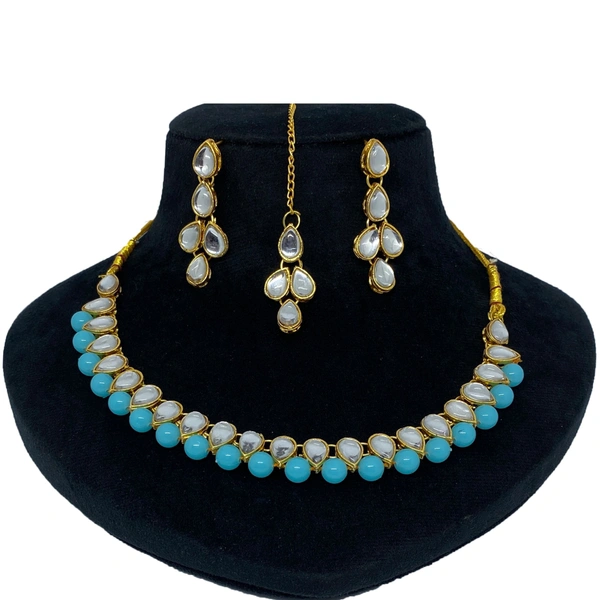 Kraftify Blue Kundan Stylish Necklace Set for Women Wedding Traditional Jewellery Set with Earring and Mangteeka for Women and Girls.