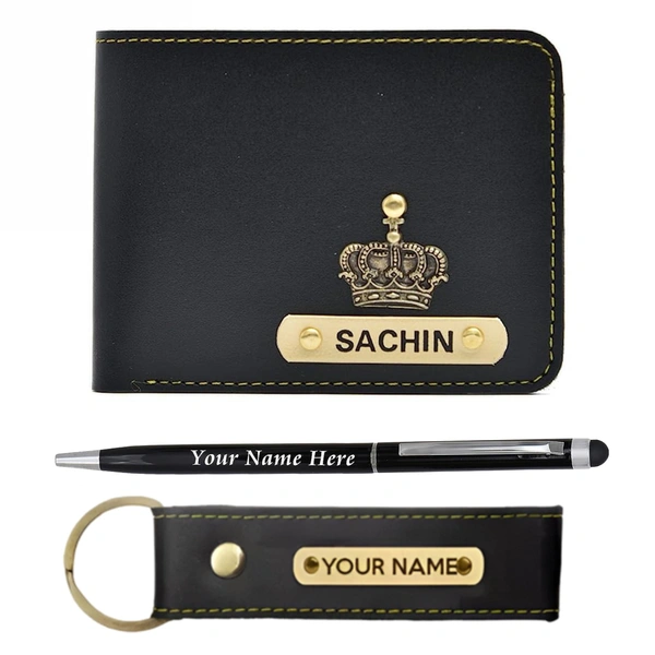 Kraftify Personalized Men's Name Wallet, Keychain, and Pen Combo Gift Set