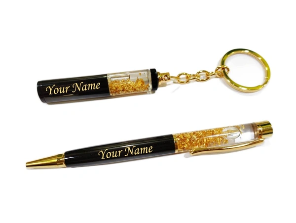 Cybe Personalized Pen and Keychain Combo with Name Printed (Engraved) on Both for Gifting - Model - Gold 01