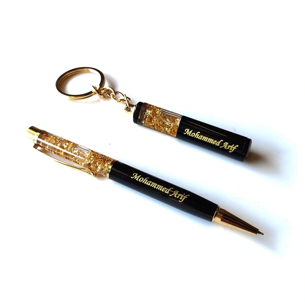 Cybe Personalized Pen and Keychain Combo with Name Printed (Engraved) on Both for Gifting - Model - Gold 02