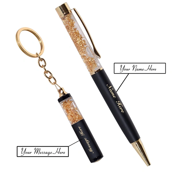 Cybe Personalized Pen and Keychain Combo with Name Printed (Engraved) on Both for Gifting - Model - Gold 08