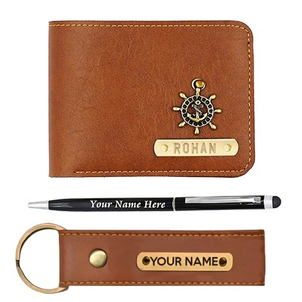 Kraftify Personalized Men's Name Wallet, Keychain, and Pen Combo Gift Set 