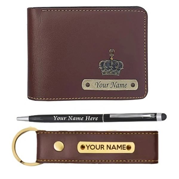 Kraftify Personalized Men's Name Wallet, Keychain, and Pen Combo Gift Set 