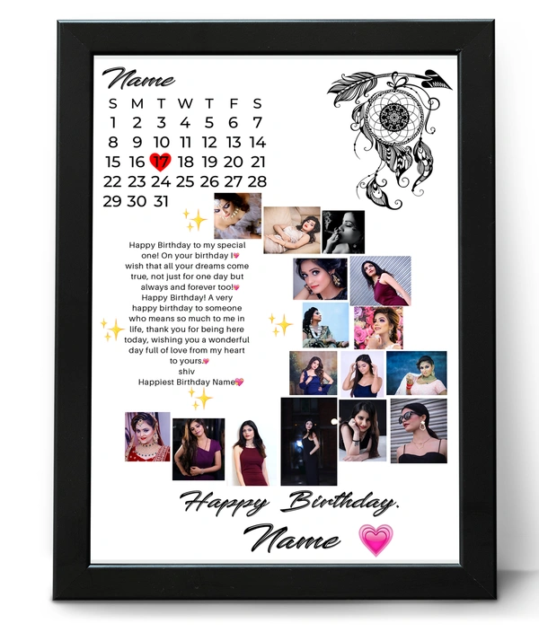 Kraftify Personalized 16 Photos, Birthday Date, Name Photo Collage Vertical Frame For Birthday Gift, Personalized Collage Gift, Wall Photo Frame (13X10, Black) (A4 Size Photo Print) For Photo Print Please Send Photo as per given instruction on image number 2.
