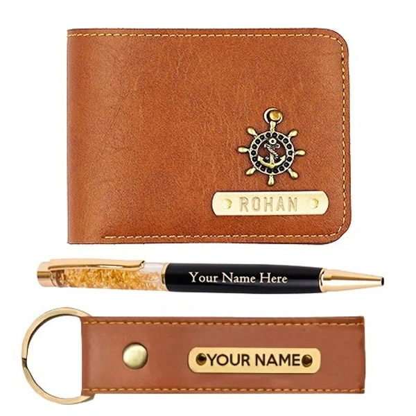 Kraftify Personalized Men's Name Wallet, Keychain, and Pen Combo Gift Set 