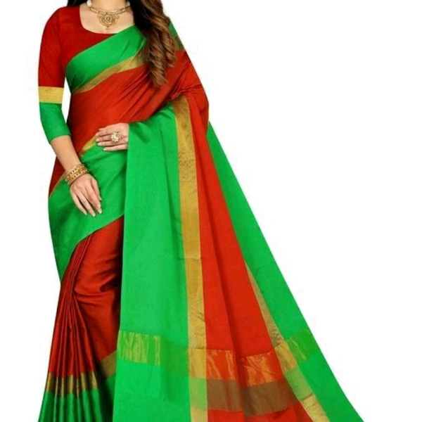 Cotton Sarees - Red Green Yellow, Free size