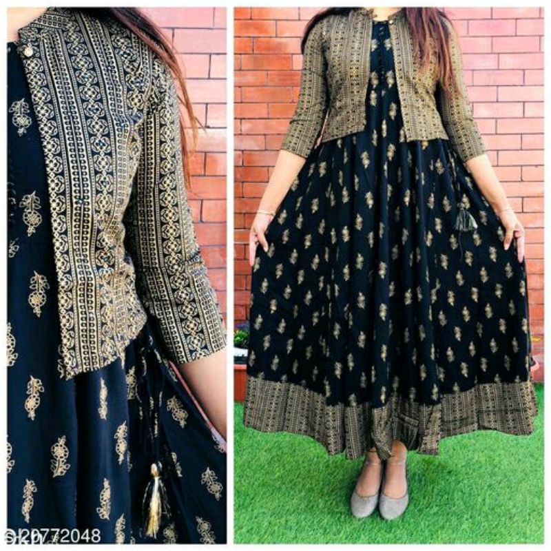 Yellow Rayon Anarkali Kurti Long Gown With Jacket Set Designer Kurti Suit  Kurti Dupatta Set Wedding Kurti Dresses Printed Anarkali Gown Suit - Etsy  Israel