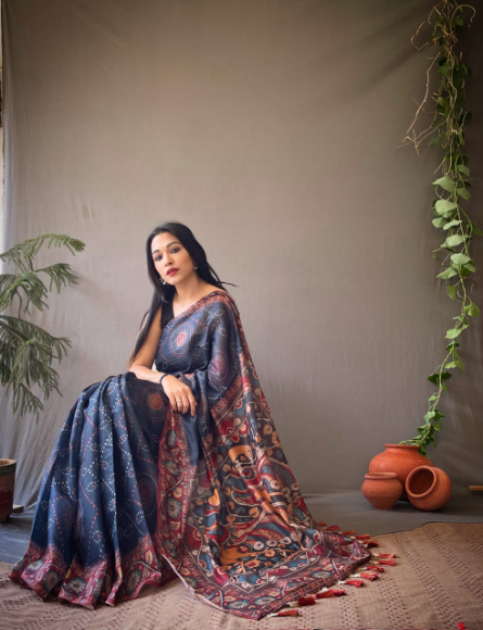 Maheshwari Silk Cotton Saree with Handpainted Cheriyal – Six Yards Plus