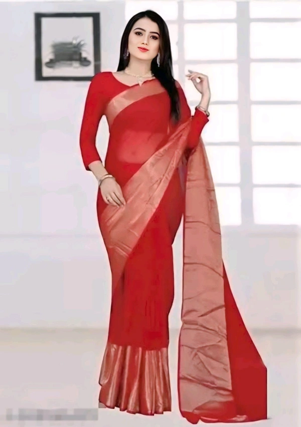Two-Tone Chiffon Red Saree With Blouse. Pair it with a stylish blouse and delicate jewelry to complete your ethereal look. Ideal for those who love a touch of modern elegance in their traditional attire. - Free Size