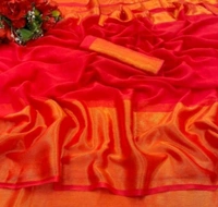 Two-Tone Chiffon Red Saree With Blouse. Pair it with a stylish blouse and delicate jewelry to complete your ethereal look. Ideal for those who love a touch of modern elegance in their traditional attire. - Free Size