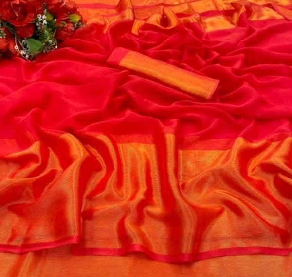 Two-Tone Chiffon Red Saree With Blouse. Pair it with a stylish blouse and delicate jewelry to complete your ethereal look. Ideal for those who love a touch of modern elegance in their traditional attire. - Free Size