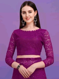 Brasso Net Purple Beads & StonesSaree With Blouse. Drape it with a contrast blouse and complement with fine jewelry to create a graceful, timeless look.  - Free Size