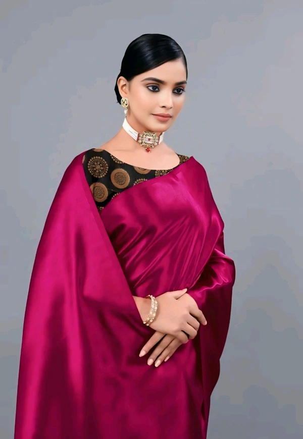 sana silk satin silk Purple saree with Blouse. Elevate your elegance with this luxurious Sana Silk Satin Saree. Crafted from premium quality satin silk.  - Free Size