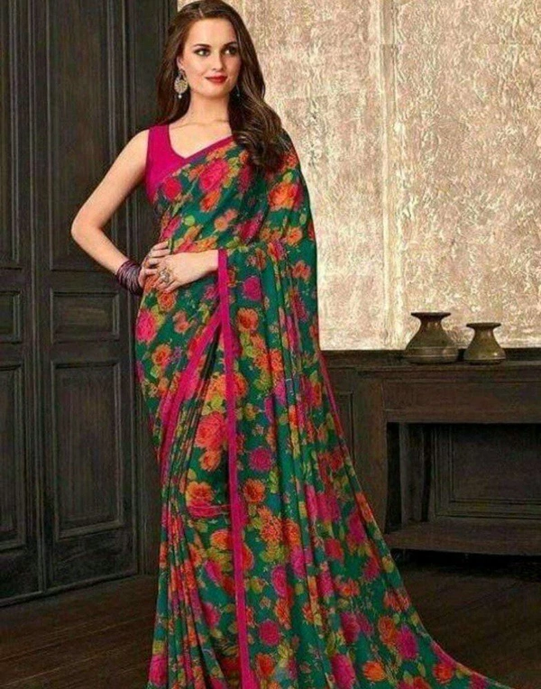 Georgette  Saree With Blouse. A georgette saree is a lightweight, sheer, and flowy drape made from georgette fabric, known for its soft texture and graceful fall. - Free Size